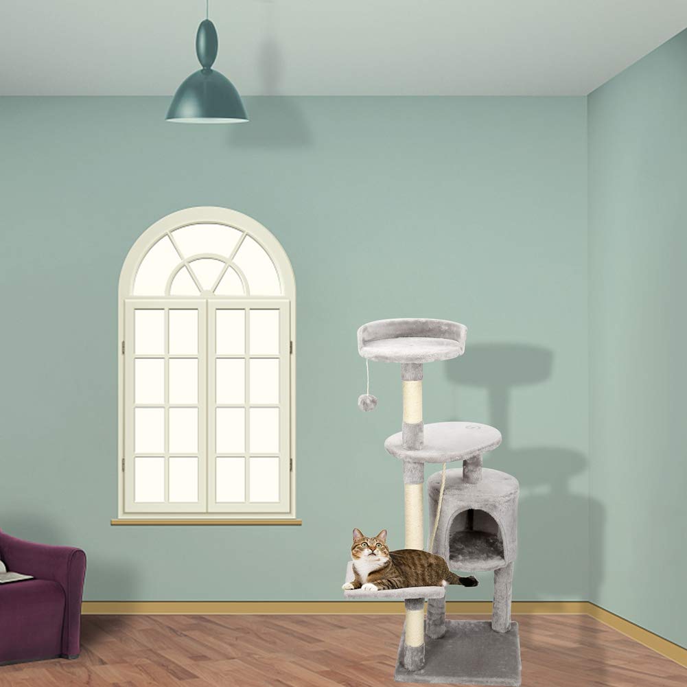 Tiragraffi per Gatti Albero per gatti alto 112 cm con corda in sisal, piattaforma, Grotta e Pompon in peluche per far riposare e giocare i gatti, grigio Inventario in Germania