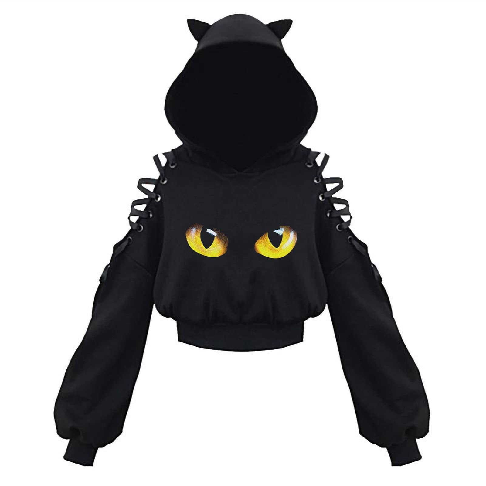 ZzpleZzple Kawaii Hoodie Japanese Cute Cat Ears Cosplay Button Exposed Sweater Women's Wear (Color : Black E, Size : Small)