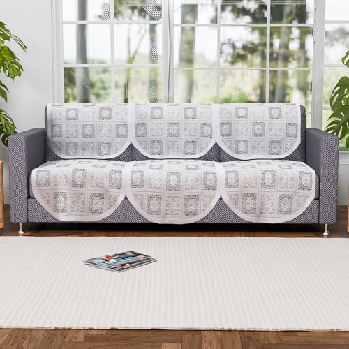 Image of Kuber Industries (Set of 6) Stylish & Durable Cotton Sofa Covers 3 Seater | Washable Sofa Protector /Mat | Suitable Slipcover for Living Room & Office | Square Flower - White