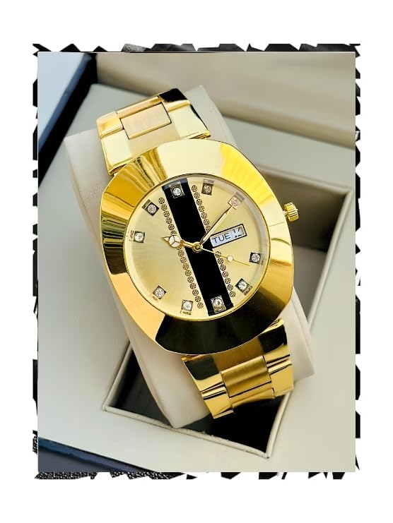 AMERICANVIBER Quartz Analog with Day and Date Golden Dial Stainless Steel Studded Strap Watch for Men DRM-017 DD (B0D95WY473) Amazon Price History, Amazon Price Tracker
