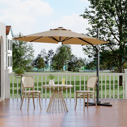 Garvee 10FT Cantilever Patio Umbrella with Solar Lights, 360° Rotation Offset Umbrella, Easy Crank & Tilt Adjustment, UV Protection for Backyard, Poolside, Deck -Tan