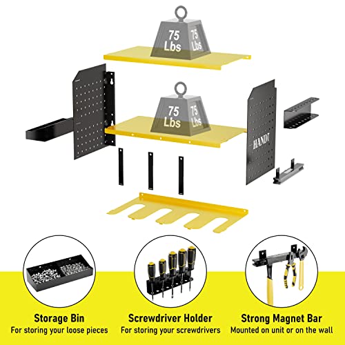 HANDT-Power-Tool-Organizer-Wall-Mount-Drill-Holder-Garage-Storage-Rack-Pegboard-Screwdriver-Holder-with-Magnet-Bar-Organization-Bin-Cordless-Drill-Battery-Charging-Station-Utility-Shelf-Yellow