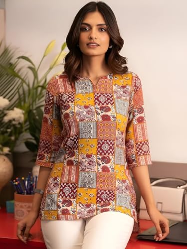 Image of Pinkmint Women's Cotton Blend Printed Short Kurti, Hip-Length Ethnic Tunic for Women, 3 /4 Sleeve Notch Neck, Casual, Office (Available in Plus Sizes & Combo Pack 2)