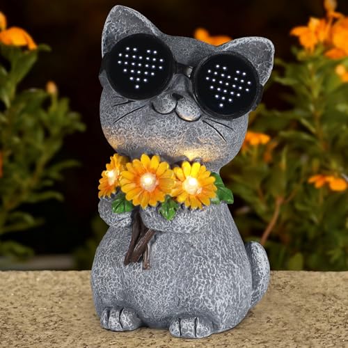 Pawatee Solar Garden Statues Cat with Daisy and LED Lights