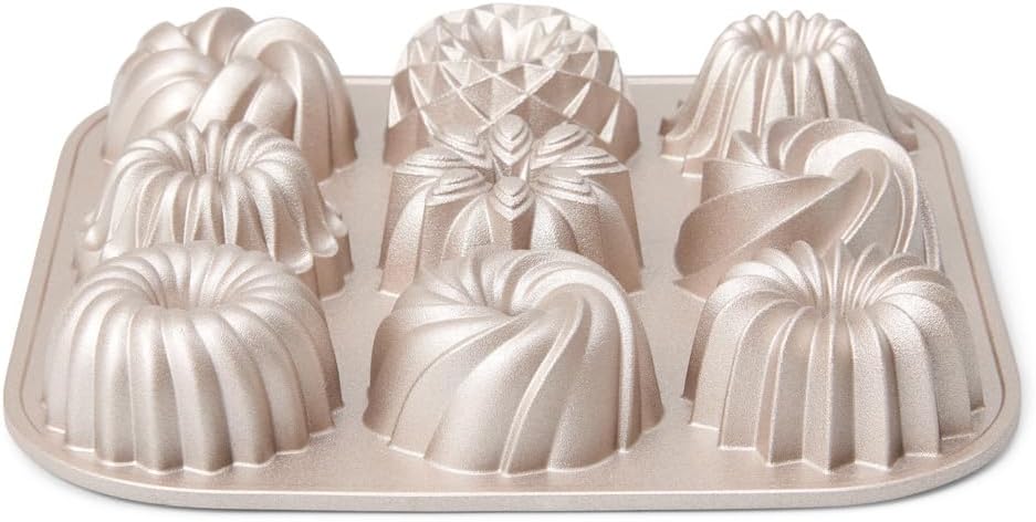 patisse 04521-9 mini kouglofs mould, 9 mini bundt cakes cake mould – Cast aluminium, golden beige, 24 x 24 x 4.5 cm