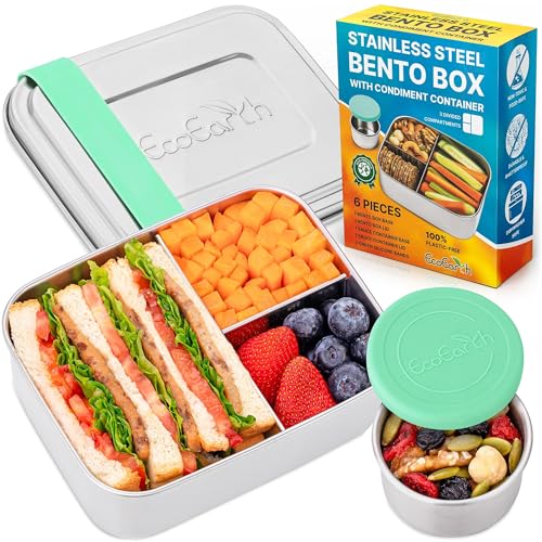 EcoEarth Stainless Steel Bento Box - 27 oz - Leakproof Metal Lunch Boxes for Adults with 3 Compartments - Small Tin Food Containers with Condiment Cups - Snack Box for Work - Green