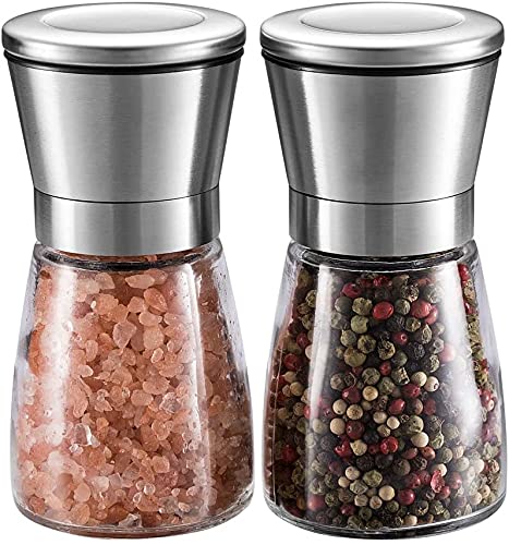 Table Salt Shaker 2 Pack Ceramic Grinders 13.5*6.8cm with Glass Body and Adjustable Coarseness for Cumin Sea Salt Himalayan Salt Peppercorn Sesame