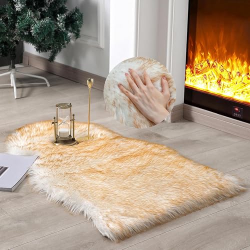 linmopm Alfombra de piel de oveja sintética súper suave y esponjosa para silla, de alta densidad, para sofá, mesita de noche (2 x 3 pies, piel de oveja, blanco y amarillo)