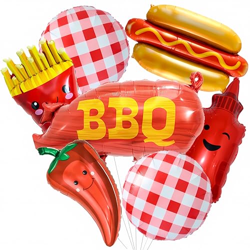 Ballons thème barbecue avec piment et hot-dog géants aux couleurs vives