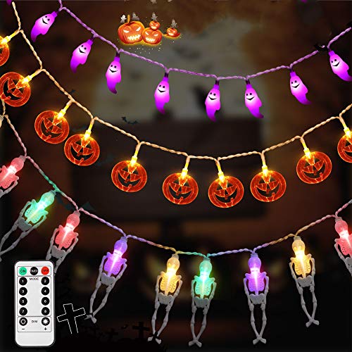 Halloween Deko LUNSY 80LED halloween lichterketter mit Fernbedienung Wasserdicht Kürbis + UV Ghost + Farbschädel für Außen Weihnachten Halloween Party Park Fest Deko