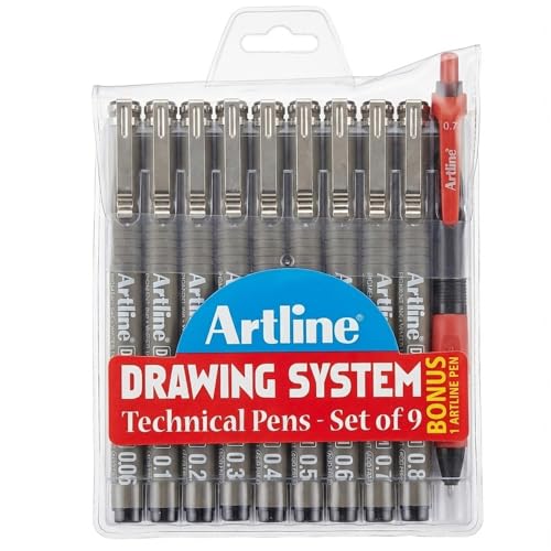 Image of Artline Drawing System - Technical Pens - Set Of 9, With One Bonus Artline Pen In Pack, Black