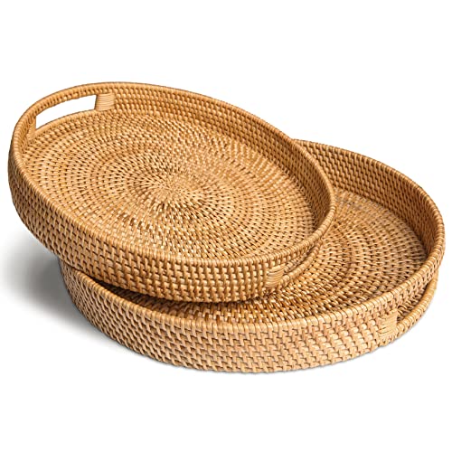 HITOMEN Hand-Woven Round Rattan Serving Tray Decorative Ottoman Wicker Platter with Handles for...