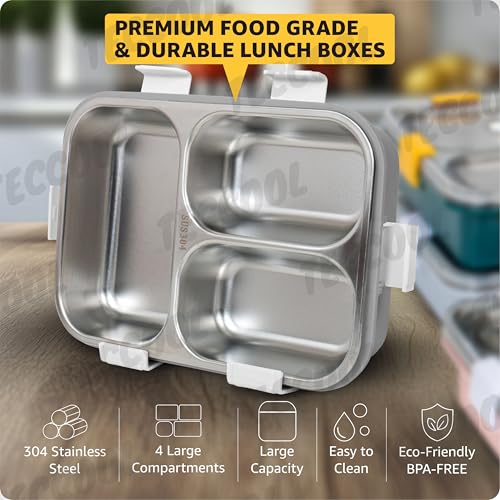 Image of TEKCOOL Lunch Box for Adults - Lunch Box for Kids - with Spoon & Fork - Stainless Steel Lunch Box with 3 Compartment - Durable Perfect Size for On-The-Go Meal, BPA-Free