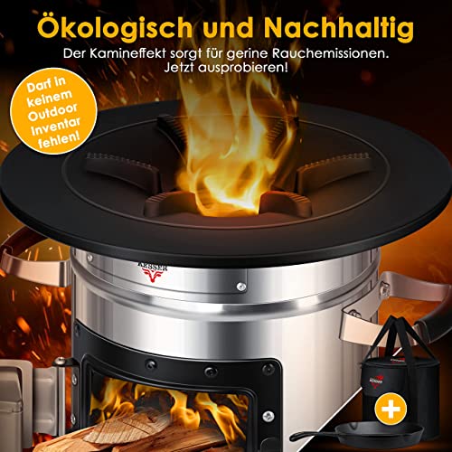 KESSER® Raketoven incl. grillpan van gietijzer met draagtas Dutch Oven BBQ raket houtkachel camping kooktoestel campinggrill roestvrij staal zilver - Afbeelding 7