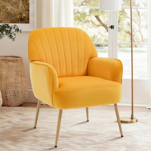 Holiway Velvet Accent Chair Mid Century Modern Accent Chairs for Living Room Comfy Upholstered Armchair with Metal Legs for Bedroom/Apartment/Office/Waiting Room Yellow