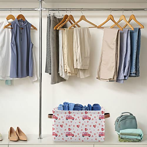 Image of Happy Valentine's Day Storage Basket Fabric Laundry Baskets Love Heart Pickup Truck Car Storage Boxes Organizer Bag for Baby Cloth Dog Toy Book Storage Cubes Shelf Closet Bins 16x12x8 Inches