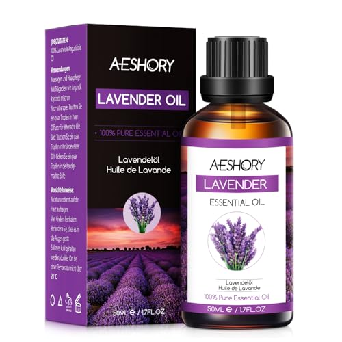 AESHORY Aceite Esencial de Lavanda 50ML, Natural Aceite de Lavanda, Aceites de Fragancia Aromaterapia Premium para Humidificador, Masaje, Baño, Cuidado la Piel, Relajación y Calma