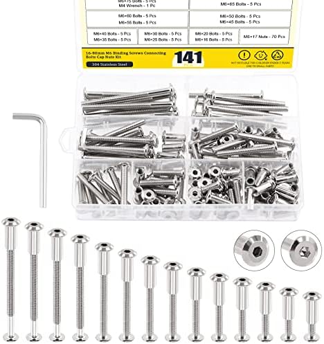 Mardatt 141 Pcs 14 Size M6x16mm-80mm Silver Nickel Plated Hex Drive Socket Cap Bolts Assortment Kit with Hex Key Countersunk Screw Barrel Nuts Binding Screws for Crib Belt Buckle Cabinet Furniture