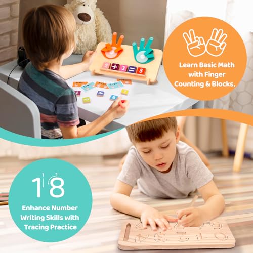 Montessori Learning Toys for Toddlers 2-4, Double-Sided Finger Counting & Number Tracing Board, Colorful Number Blocks, Solid Pine Wood Educational Math Toy for Kids Boys Girls Ages 1 3 5 Year Old - Image 6