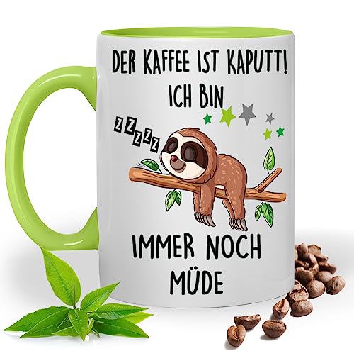 Lustige Tasse mit Spruch |DER KAFFEE IST KAPUTT ICH BIN IMMER NOCH MÜDE | Faultier | Kakao- Kaffee- Tee- Fototasse| Geschenke für männer frauen | Keramik Tasse |Spülmaschinenfest (Hellgrün)