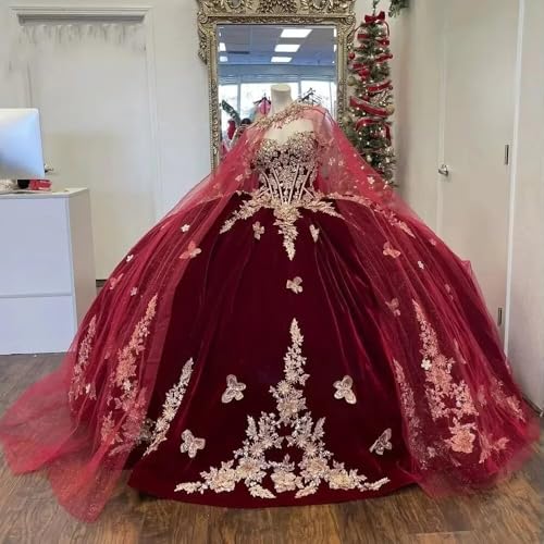 ZVOCY Velvet Quinceanera Dresses Gold Lace Butterfly Applique Ball Gown Off Shoulder Sweet 15 16 Masquerade Princess Dresses4