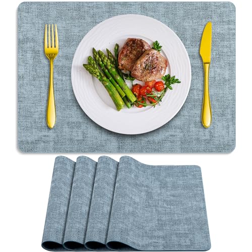 Placemats Set of 4 Washable, Heat Resistant Table Placemats Wipeable Faux Leather Place Mats Non Slip, Waterproof Square Table Mats for Indoor Outdoor, Light Blue