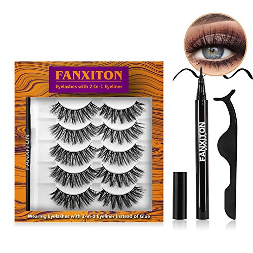 5 Pairs Fluffy False Eyelashes with Full Upgrade Eyeliner - Secure Strong Hold for Lashes - No Magnet and No Glue - Lightweight and Non-irritation