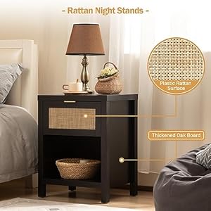 Sicotas rattan night stands set of 2 farmhouse nightstand bedside table with drawer and storage shelf boho end side table accent table for bedroom small space black oak  urban country home decor