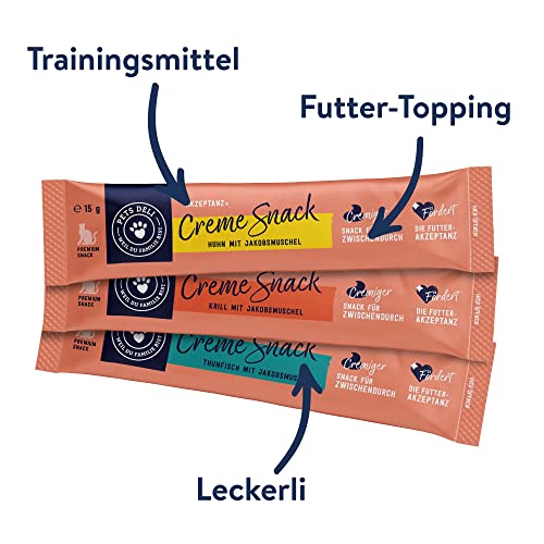 Pets Deli Multipack Cremesnack für Katzen mit Huhn, Thunfisch und Krill ohne Gluten und Zucker 8 x 90g
