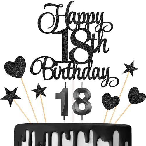 Lecferrarc 18th Birthday Cake Decorations 18th Birthday Candles Cake Numeral Candles and Glitter Happy 18th Birthday Cake Toppers Set for Birthday Party Supplies (Black)