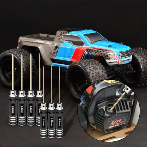 RCpow Hex Driver Set Hex Allen Screwdriver Kit 0.9mm 1.27mm 1.3mm 1.5mm 2.0mm 2.5mm 3.0mm Allen Wrench Set Titanium Hexagon Screwdriver RC Tools Kit for RC Car Drone Multi-Axis Helicopter Models(7pcs)