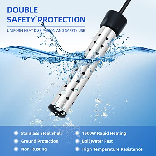 Immersion Water Heater, 1500W Portable Water Heater with LCD Thermometer & Stainless-Steel Guard, Heat 5 Gallons of Water in Minutes Bucket Heater Hot Tub Heater for Home Travel Camping Mini Pool - Image 3