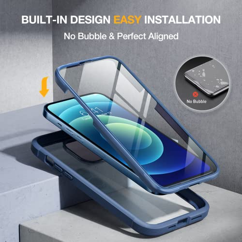 Image of Miracase Glass Series for iPhone 12 /12 Pro Case 6.1 inch, Upgraded Full-Body Rugged Phone Bumper Case Cover with Built-in 9H Tempered Glass Screen Protector and Camera Protector, Blue