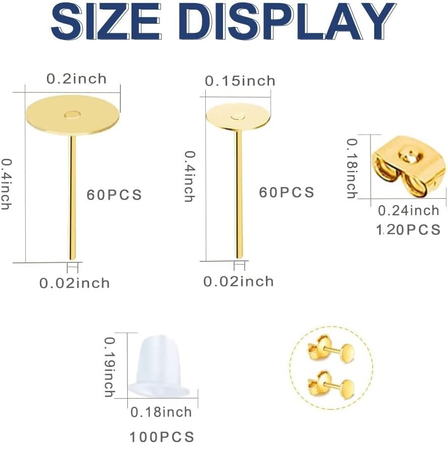 Image of Dhruv Crafts Earring Posts Stainless Steel, 340Pcs 4mm /6mm Steel Flat Pad Earring Studs, Butterfly and Clear Rubber Earring Backs for Jewelry Making DIY (Gold)