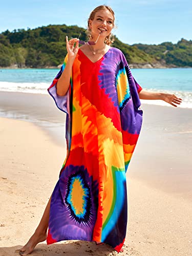 Image of sunforyou Kaftan Dresses for Women Plus Size Lightweight Swimsuit Cover up Batwing Sleeve Print Loungewear Beach Robe