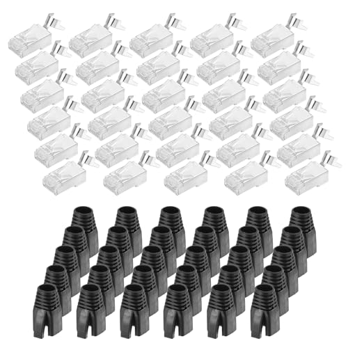 sourcing map 30 conectores de paso CAT7 RJ45, conectores RJ45 STP/FTP 8P8C chapados en oro con 30 botas negras de alivio de tensión y cable transversal para cable Ethernet de 23 AWG