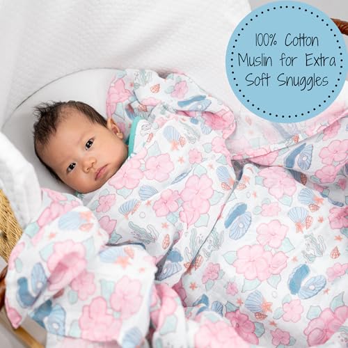 Image of LollyBanks Baby Swaddle Blanket for Girls, 100% Cotton Soft and Breathable Muslin Swaddle Blanket 47 x 47 Inches, Lightweight Newborn Blankets, Baby Essentials Must Haves (Clams Flower Print)