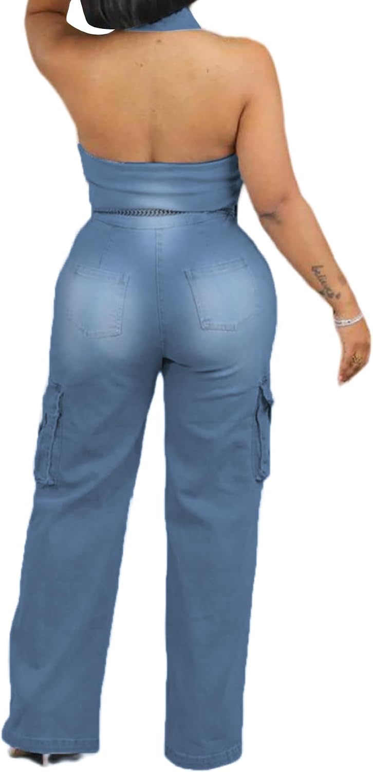 Tbahhir Women's Denim Jumpsuits Sexy Sleeveless Button Down Cargo Romper Slim fit Clubwear Blue