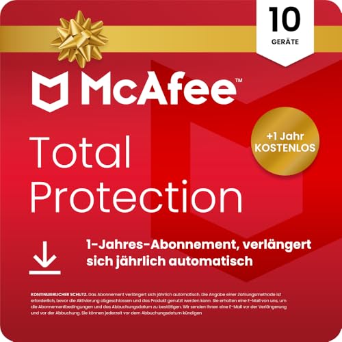 McAfee Total Protection für 10 Geräte bis 2026 | Exklusiv bei Amazon | Antivirus, VPN | 1-Jahres-Abo mit automatischer Verlängerung + 1 Jahr zusätzlicher Schutz GRATIS | Digitaler Download