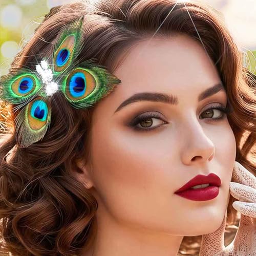 Yokawe pinza de cabello vintage con diseño de mariposa y plumas de pavo real con cristales para fiesta Gatsby, graduación y boda miniatura 2