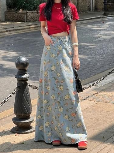 chouyatou Women's Vintage Floral Printed Denim Skirt High Waist Y2K A Line Flare Maxi Long Jean Skirt2