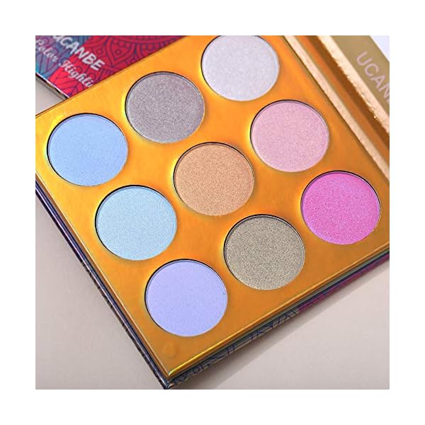 UCANBE Kaleidoscope Holographic Highlighter Makeup Palette Kit, 9 Color Polarized Shimmer Illuminating Glow Highlighting Bronzers Powder Set, Laser Outer Packaging with Mirror Cosmetics