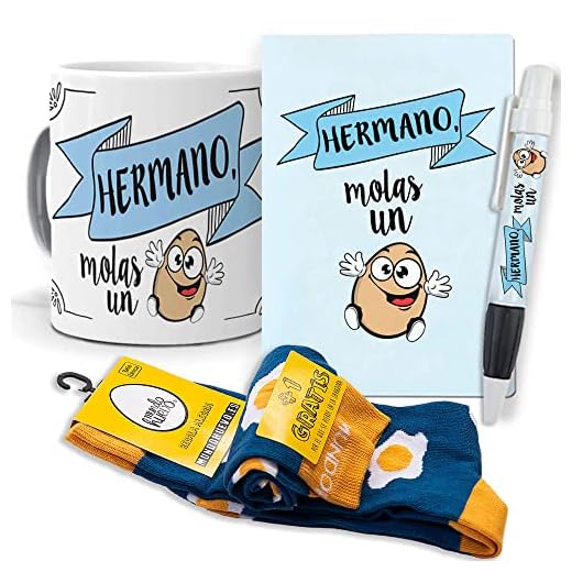 Super Regalo Personalizado para Hermanos. Hermano molas un Huevo. Taza, libreta, boli y Trio de Calcetines