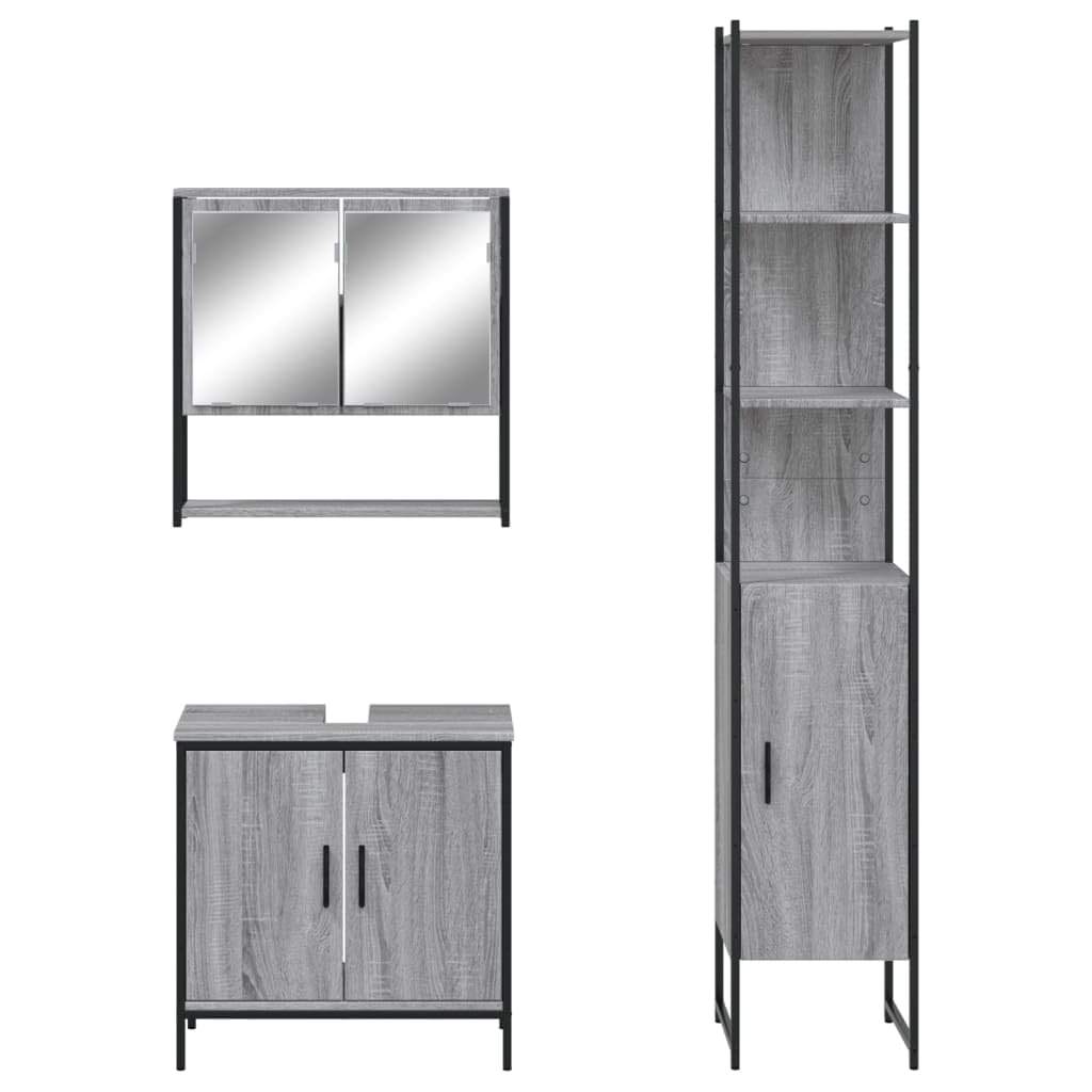 3-TLG. Badmöbel-Set Grau Sonoma Holzwerkstoff mit Spiegelschrank und Waschbeckenunterschrank, viel Stauraum, wandmontierbar, klare Glas-Spiegelfläche für Make-up und Rasur