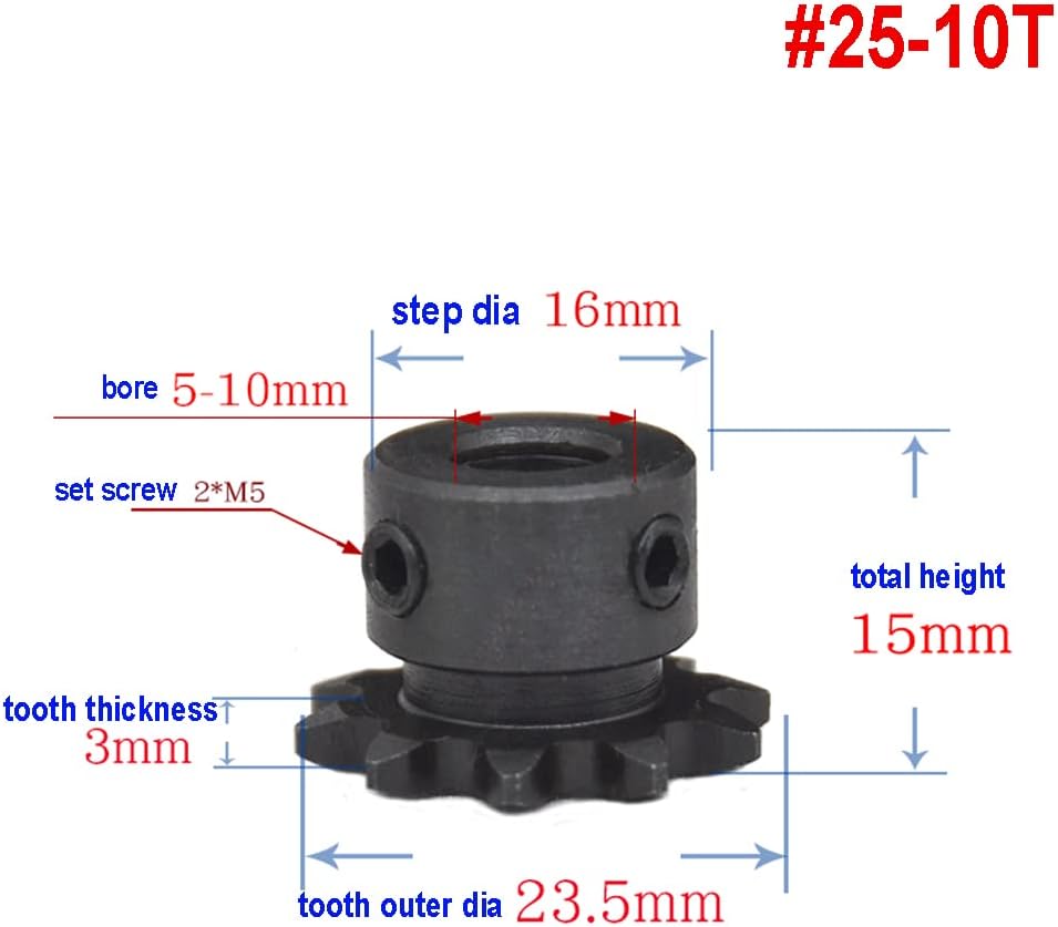 #25 Chain Drive Sprocket 10T 10mm Bore 1/4" 6.35mm Pitch For #25 04C Roller Chain (#25-10T； Bore:10mm)
