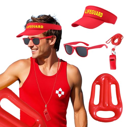 4 unidades de disfraz de salvavidas rojo para adultos, con visor, ajustable, protección solar, sombrero de sol, silbato deportivo, boya, salvavidas, bañador, para carnaval, Halloween