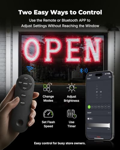 Image of 40 x 12 Inch LED Open Sign for Business - Timer via BT APP & Remote Control, Ultra Bright Large Open Sign with 14 Flash Modes, 6 Dimming Levels & 6 Speed Control for Salon Cafe Restaurant (Red & White)