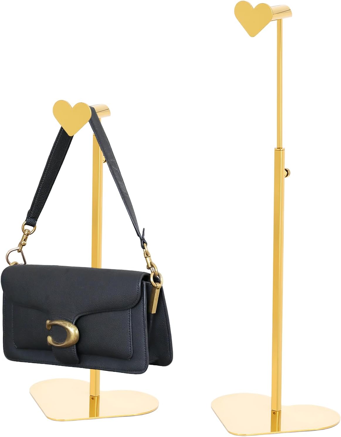 Purse Display Stand, 2 Pack Heart-shape Display Rack Stainless Steel Handbag Purse Holder Gold Hanging Hook Stands Adjustable Height Table Ornament Jewelry Towers for Home Store Boutique Counter