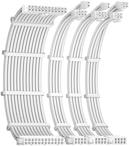 ESEEC 16AWG PSU Cable Extension, Soft Braided Cable Extension PC, 1x24Pin ATX / 1x8Pin(4+4) / 2x8Pin(6+2) PCI-e PSU Extension Cable Kit, with Combs, 30cm White
