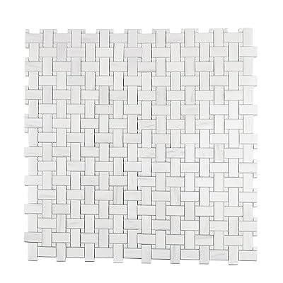 Basketweave Dolomite Marble Mosaic Tile — 5.00 sq ft Box of 5 Sheets — White and Gray Polished 12x12 in Mesh Sheets — Kitchen Backsplash, Bathroom, Shower, Pool Accents